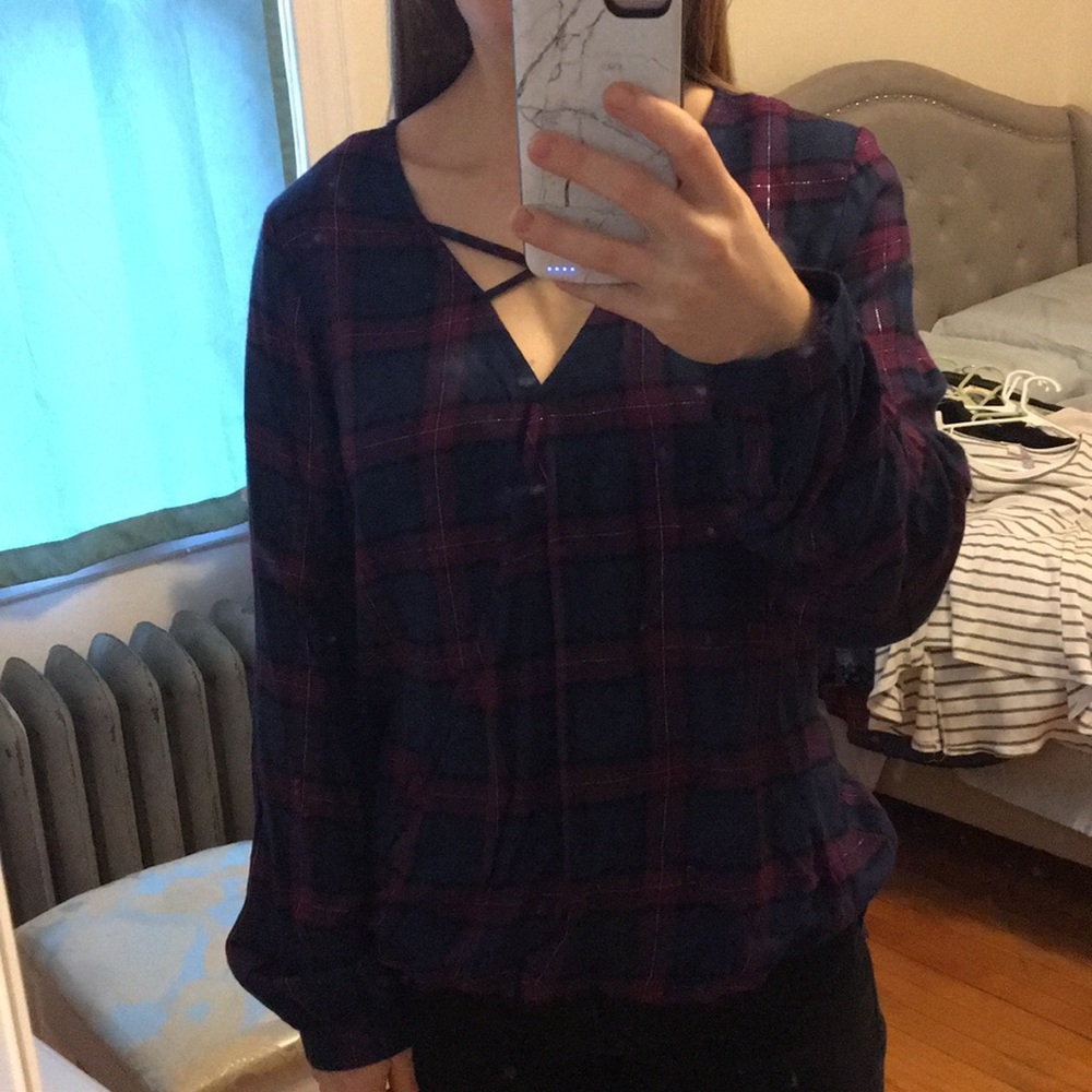 NWOT Francesca’s Criss Cross Plaid Blouse